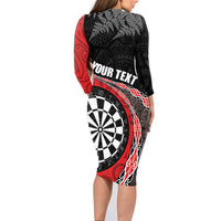 Personalised New Zealand Darts Family Matching Long Sleeve Bodycon Dress and Hawaiian Shirt Koru Tribal Tattoo and Silver Fern Maori Pattern Red Color