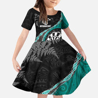 Personalised New Zealand Darts Family Matching Off The Shoulder Long Sleeve Dress and Hawaiian Shirt Koru Tribal Tattoo and Silver Fern Maori Pattern Teal Color