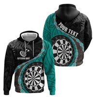 Personalised New Zealand Darts Hoodie Koru Tribal Tattoo and Silver Fern Maori Pattern Teal Color