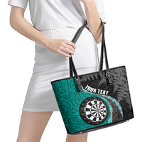 Personalised New Zealand Darts Leather Tote Bag Koru Tribal Tattoo and Silver Fern Maori Pattern Teal Color