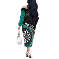Personalised New Zealand Darts Off The Shoulder Long Sleeve Dress Koru Tribal Tattoo and Silver Fern Maori Pattern Teal Color