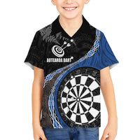 Personalised New Zealand Darts Family Matching Off Shoulder Maxi Dress and Hawaiian Shirt Koru Tribal Tattoo and Silver Fern Maori Pattern Blue Color LT03 Son's Shirt Blue - Polynesian Pride