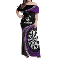 Personalised New Zealand Darts Off Shoulder Maxi Dress Koru Tribal Tattoo and Silver Fern Maori Pattern Purple Color