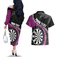 Personalised New Zealand Darts Couples Matching Off The Shoulder Long Sleeve Dress and Hawaiian Shirt Koru Tribal Tattoo and Silver Fern Maori Pattern Pink Color
