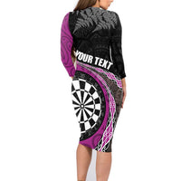 Personalised New Zealand Darts Family Matching Long Sleeve Bodycon Dress and Hawaiian Shirt Koru Tribal Tattoo and Silver Fern Maori Pattern Pink Color