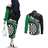 Personalised New Zealand Darts Couples Matching Off The Shoulder Long Sleeve Dress and Long Sleeve Button Shirt Koru Tribal Tattoo and Silver Fern Maori Pattern Green Color