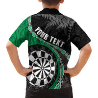 Personalised New Zealand Darts Family Matching Off Shoulder Short Dress and Hawaiian Shirt Koru Tribal Tattoo and Silver Fern Maori Pattern Green Color