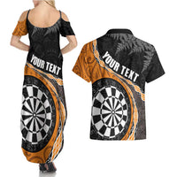 Personalised New Zealand Darts Couples Matching Summer Maxi Dress and Hawaiian Shirt Koru Tribal Tattoo and Silver Fern Maori Pattern Orange Color