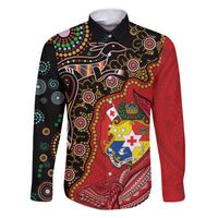 Tonga Ngatu and Australia Together Family Matching Long Sleeve Bodycon Dress and Hawaiian Shirt Polynesian Humpback Whale and Aboriginal Kangaroo LT03 Dad's Shirt - Long Sleeve Red - Polynesian Pride