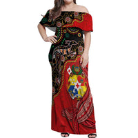 Tonga Ngatu and Australia Together Off Shoulder Maxi Dress Polynesian Humpback Whale and Aboriginal Kangaroo LT03 Women Red - Polynesian Pride