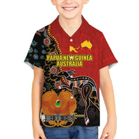 Personalised Papua New Guinea and Australia Together Family Matching Long Sleeve Bodycon Dress and Hawaiian Shirt Bird-of-paradise and Kangaroo with Aboriginal Pattern LT03 Son's Shirt Red - Polynesian Pride