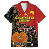 Personalised Papua New Guinea and Australia Together Family Matching Off The Shoulder Long Sleeve Dress and Hawaiian Shirt Bird-of-paradise and Kangaroo with Aboriginal Pattern LT03 Dad's Shirt - Short Sleeve Red - Polynesian Pride