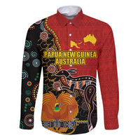Personalised Papua New Guinea and Australia Together Family Matching Off Shoulder Maxi Dress and Hawaiian Shirt Bird-of-paradise and Kangaroo with Aboriginal Pattern LT03 Dad's Shirt - Long Sleeve Red - Polynesian Pride