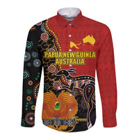 Personalised Papua New Guinea and Australia Together Long Sleeve Button Shirt Bird-of-paradise and Kangaroo with Aboriginal Pattern LT03 Unisex Red - Polynesian Pride