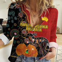 Personalised Papua New Guinea and Australia Together Women Casual Shirt Bird-of-paradise and Kangaroo with Aboriginal Pattern