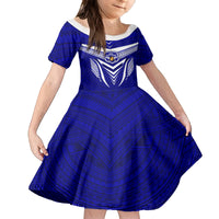 Kimbe Cutters Rugby Family Matching Off Shoulder Long Sleeve Dress and Hawaiian Shirt Papua New Guinea Polynesian Tattoo Blue Version LT03 Daughter's Dress Blue - Polynesian Pride