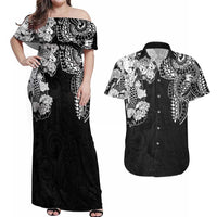 Japanese Irezumi and Hawaiian Polynesian Art Tattoo Couples Matching Off Shoulder Maxi Dress and Hawaiian Shirt Black Color - Polynesian Pride