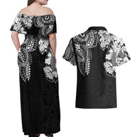 Japanese Irezumi and Hawaiian Polynesian Art Tattoo Couples Matching Off Shoulder Maxi Dress and Hawaiian Shirt Black Color - Polynesian Pride