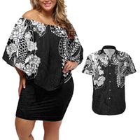 Japanese Irezumi and Hawaiian Polynesian Art Tattoo Couples Matching Off Shoulder Short Dress and Hawaiian Shirt Black Color - Polynesian Pride