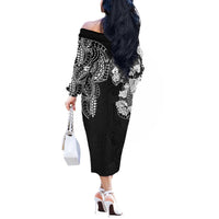 Japanese Irezumi and Hawaiian Polynesian Art Tattoo Off The Shoulder Long Sleeve Dress Black Color - Polynesian Pride