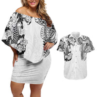 Japanese Irezumi and Hawaiian Polynesian Art Tattoo Couples Matching Off Shoulder Short Dress and Hawaiian Shirt White Color - Polynesian Pride
