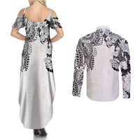 Japanese Irezumi and Hawaiian Polynesian Art Tattoo Couples Matching Summer Maxi Dress and Long Sleeve Button Shirt White Color - Polynesian Pride