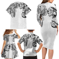Japanese Irezumi and Hawaiian Polynesian Art Tattoo Family Matching Long Sleeve Bodycon Dress and Hawaiian Shirt White Color - Polynesian Pride
