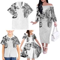 Japanese Irezumi and Hawaiian Polynesian Art Tattoo Family Matching Off The Shoulder Long Sleeve Dress and Hawaiian Shirt White Color - Polynesian Pride