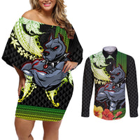 Hawaii Kaimuki High School Couples Matching Off Shoulder Short Dress and Long Sleeve Button Shirt Tribal Kakau Pattern Mix Hibiscus Flower LT03 Black - Polynesian Pride