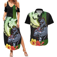 Hawaii Kaimuki High School Couples Matching Summer Maxi Dress and Hawaiian Shirt Tribal Kakau Pattern Mix Hibiscus Flower LT03 Black - Polynesian Pride