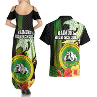 Hawaii Kaimuki High School Couples Matching Summer Maxi Dress and Hawaiian Shirt Tribal Kakau Pattern Mix Hibiscus Flower LT03 - Polynesian Pride