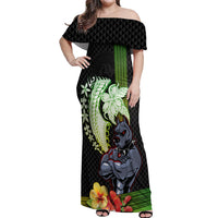 Hawaii Kaimuki High School Off Shoulder Maxi Dress Tribal Kakau Pattern Mix Hibiscus Flower LT03 Women Black - Polynesian Pride