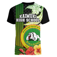 Hawaii Kaimuki High School Women V Neck T Shirt Tribal Kakau Pattern Mix Hibiscus Flower LT03 - Polynesian Pride