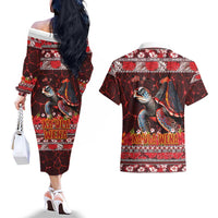 Hawaii KaʻUla Wena Volcano Turtle Couples Matching Off The Shoulder Long Sleeve Dress and Hawaiian Shirt Lava and Tropical Plants Tribal Pattern