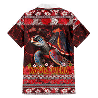 Hawaii KaʻUla Wena Volcano Turtle Family Matching Off The Shoulder Long Sleeve Dress and Hawaiian Shirt Lava and Tropical Plants Tribal Pattern