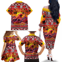Hawaii KaʻUla Wena Octopus Family Matching Off The Shoulder Long Sleeve Dress and Hawaiian Shirt Oceanic Red with Corals and Tropical On Sunset Landscape