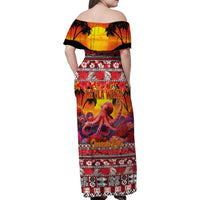 Hawaii KaʻUla Wena Octopus Family Matching Off Shoulder Maxi Dress and Hawaiian Shirt Oceanic Red with Corals and Tropical On Sunset Landscape