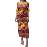 Hawaii KaʻUla Wena Octopus Family Matching Puletasi and Hawaiian Shirt Oceanic Red with Corals and Tropical On Sunset Landscape