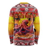 Hawaii KaUla Wena Octopus Long Sleeve Shirt Oceanic Red with Corals and Tropical On Sunset Landscape LT03 - Polynesian Pride