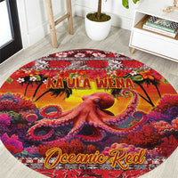 Hawaii KaUla Wena Octopus Round Carpet Oceanic Red with Corals and Tropical On Sunset Landscape LT03 Red - Polynesian Pride