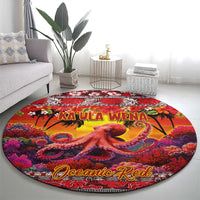 Hawaii KaUla Wena Octopus Round Carpet Oceanic Red with Corals and Tropical On Sunset Landscape LT03 - Polynesian Pride