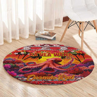 Hawaii KaUla Wena Octopus Round Carpet Oceanic Red with Corals and Tropical On Sunset Landscape LT03 - Polynesian Pride
