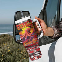 Hawaii KaʻUla Wena Octopus Tumbler With Handle Oceanic Red with Corals and Tropical On Sunset Landscape