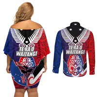 New Zealand Waitangi Couples Matching Off Shoulder Short Dress and Long Sleeve Button Shirt Kia Ora Maori Koruru Tiki Mask LT03 - Polynesian Pride