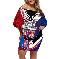 New Zealand Waitangi Family Matching Off Shoulder Short Dress and Hawaiian Shirt Kia Ora Maori Koruru Tiki Mask LT03 Mom's Dress Red - Polynesian Pride