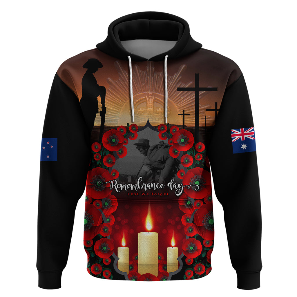 Custom New Zealand and Australia ANZAC Day Hoodie Gallipoli and Canlelight Lest We Forget LT03 Pullover Hoodie Black - Polynesian Pride