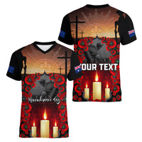 Custom New Zealand and Australia ANZAC Day Women V Neck T Shirt Gallipoli and Canlelight Lest We Forget LT03 - Polynesian Pride