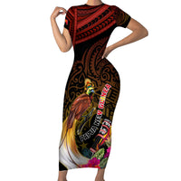 Papua New Guinea Bird-of-Paradise Family Matching Short Sleeve Bodycon Dress and Hawaiian Shirt Hibiscus and Kundu Drum Tribal Pattern LT03 Mom's Dress Yellow - Polynesian Pride