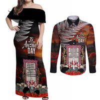 New Zealand ANZAC Day Couples Matching Off Shoulder Maxi Dress and Long Sleeve Button Shirt The Ode of Remembrance and Silver Fern LT03 Black - Polynesian Pride