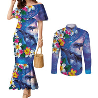Hawaiian Lei Day Plumeria Humpback Whales Couples Matching Mermaid Dress and Long Sleeve Button Shirt Polynesian Art Vibrant Starry Nebula Style